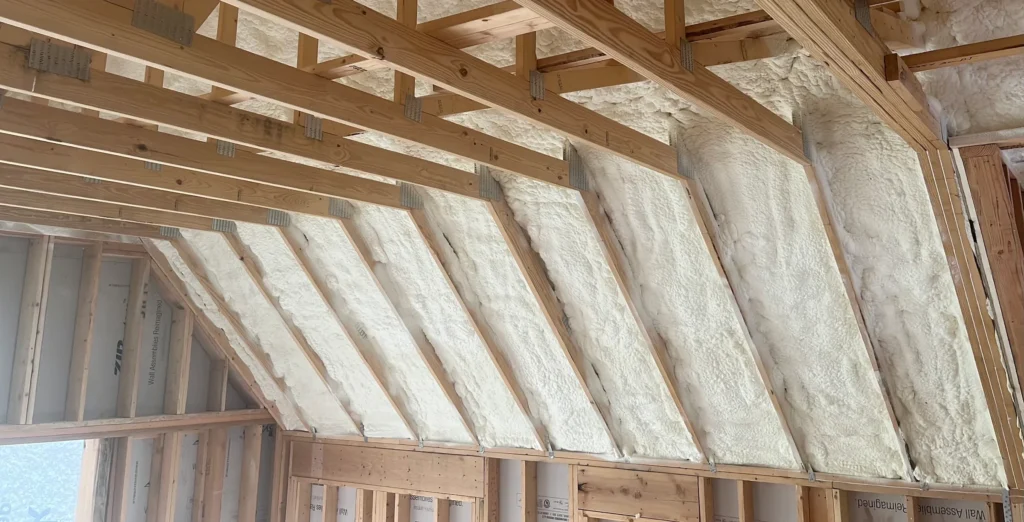 Spray foam insulation applied between roof rafters in a wooden attic.